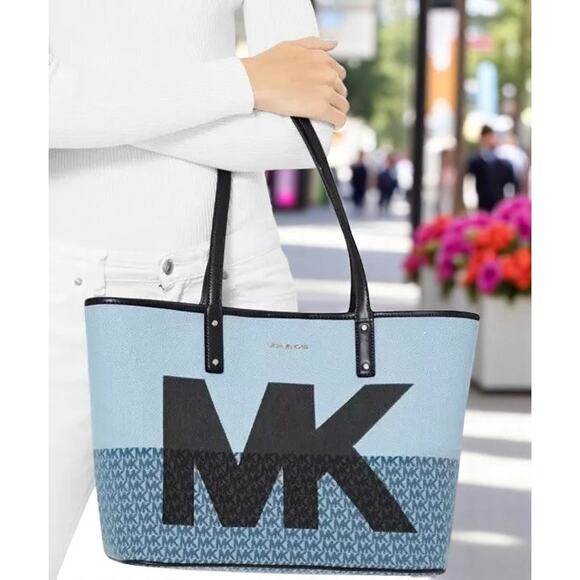 Michael Kors Carter Denim MK Open Tote Designer Logo print Large blue bag - Picture 4 of 12